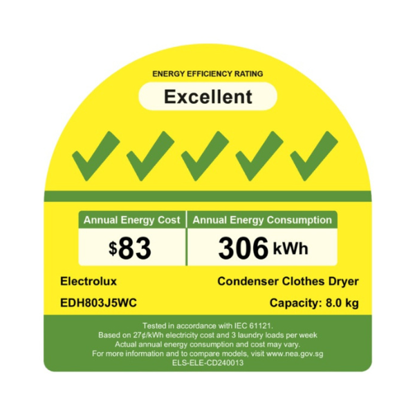 ELECTROLUX EDH803J5WC UltimateCare 500 heat pump dryer(8KG)(Energy Efficiency 5 Ticks)