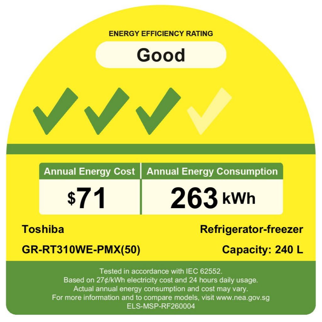 TOSHIBA GR-RT310WE-PMX(50) 2 DOOR FRIDGE (240L)(Energy Efficiency Class 3)