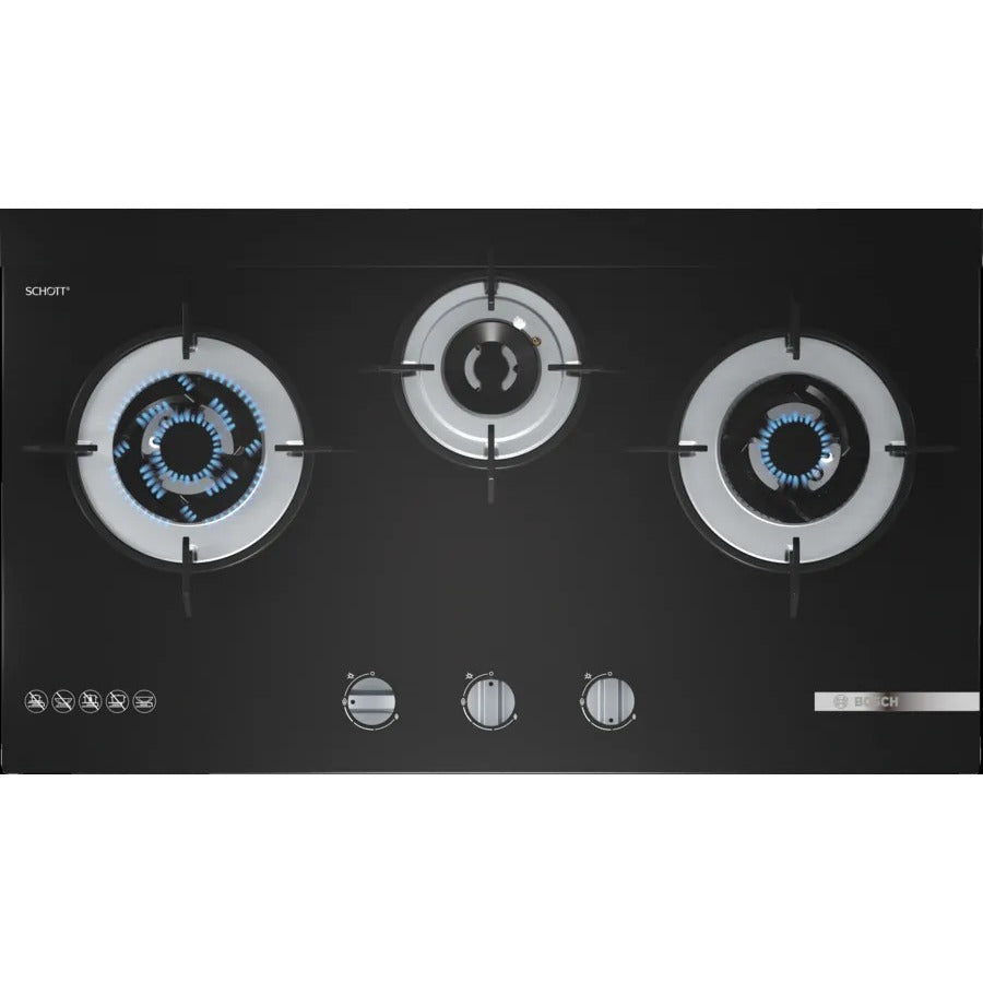 BOSCH PMD83D31AX(LPG) 3 Burner Tempered glass, Black Gas Hob(78CM)