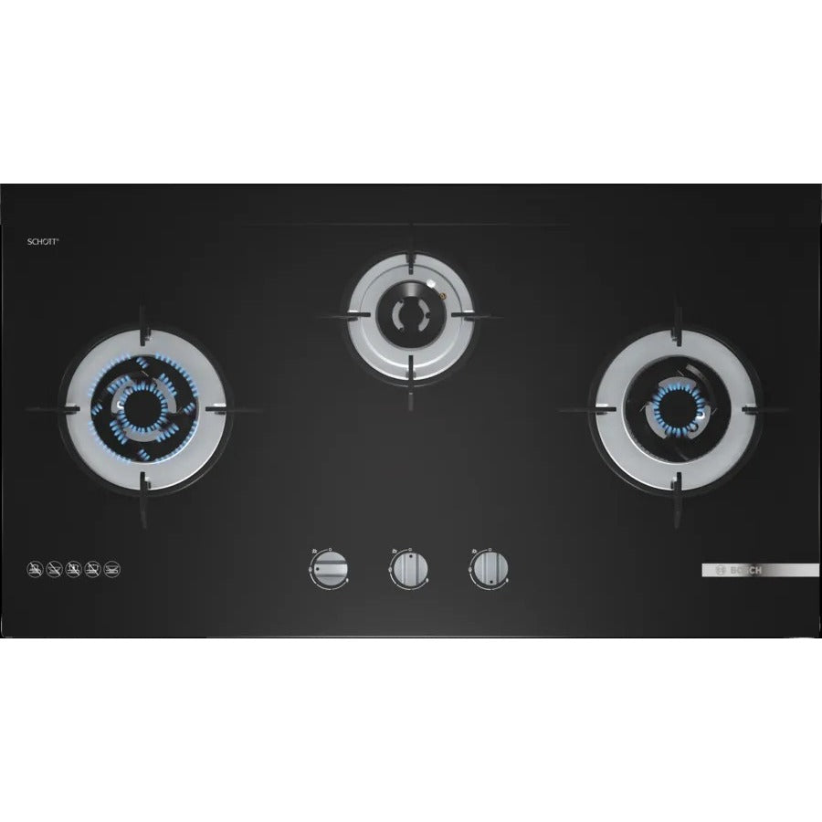 BOSCH PMD93D31AF(PUB) 3 Burner Tempered glass, Black Gas Hob(92CM)