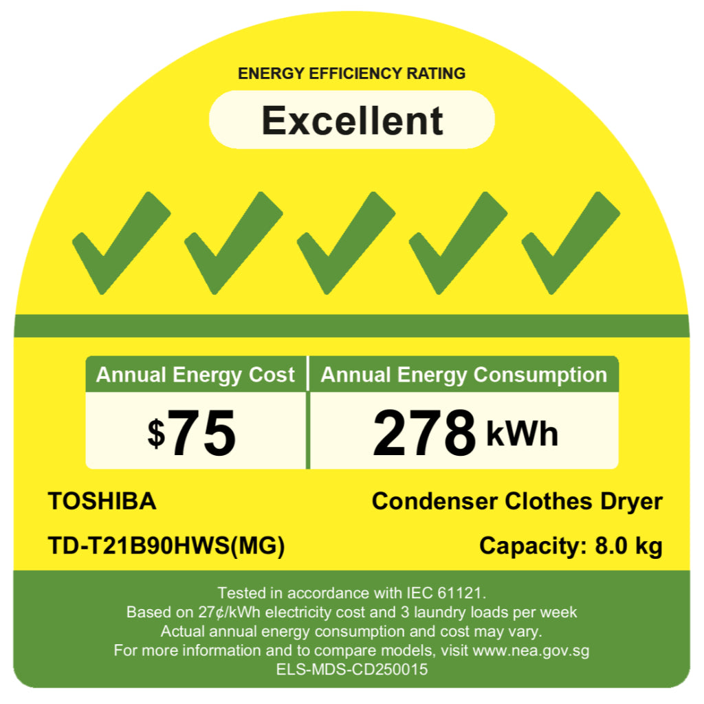 TOSHIBA TD-T21B90HWS(MG) Heat pump dryer(8KG)ENERGY EFFICIENCY CLASS 5)