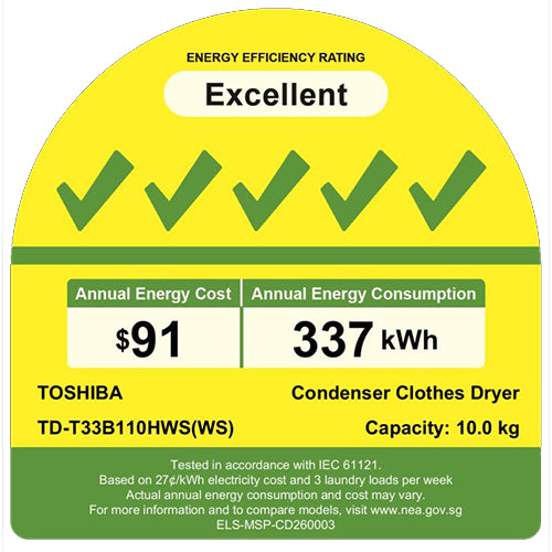 TOSHIBA TD-T33B110HWS(WS) Heat Pump Tumble Dryer(10KG)(Energy Efficiency Class 5)