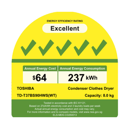 TOSHIBA TD-T37BS90HWS(WT) Japandi FrontLoad Dryer(8Kg)(Energy Efficiency Class 5)