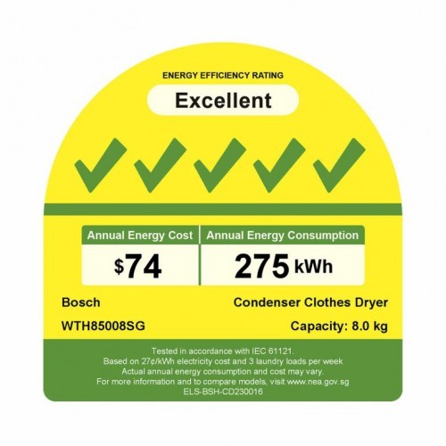 BOSCH WTH85008SG Heat pump tumble dryer (8 kg)(Energy Efficiency: 5 Ticks)